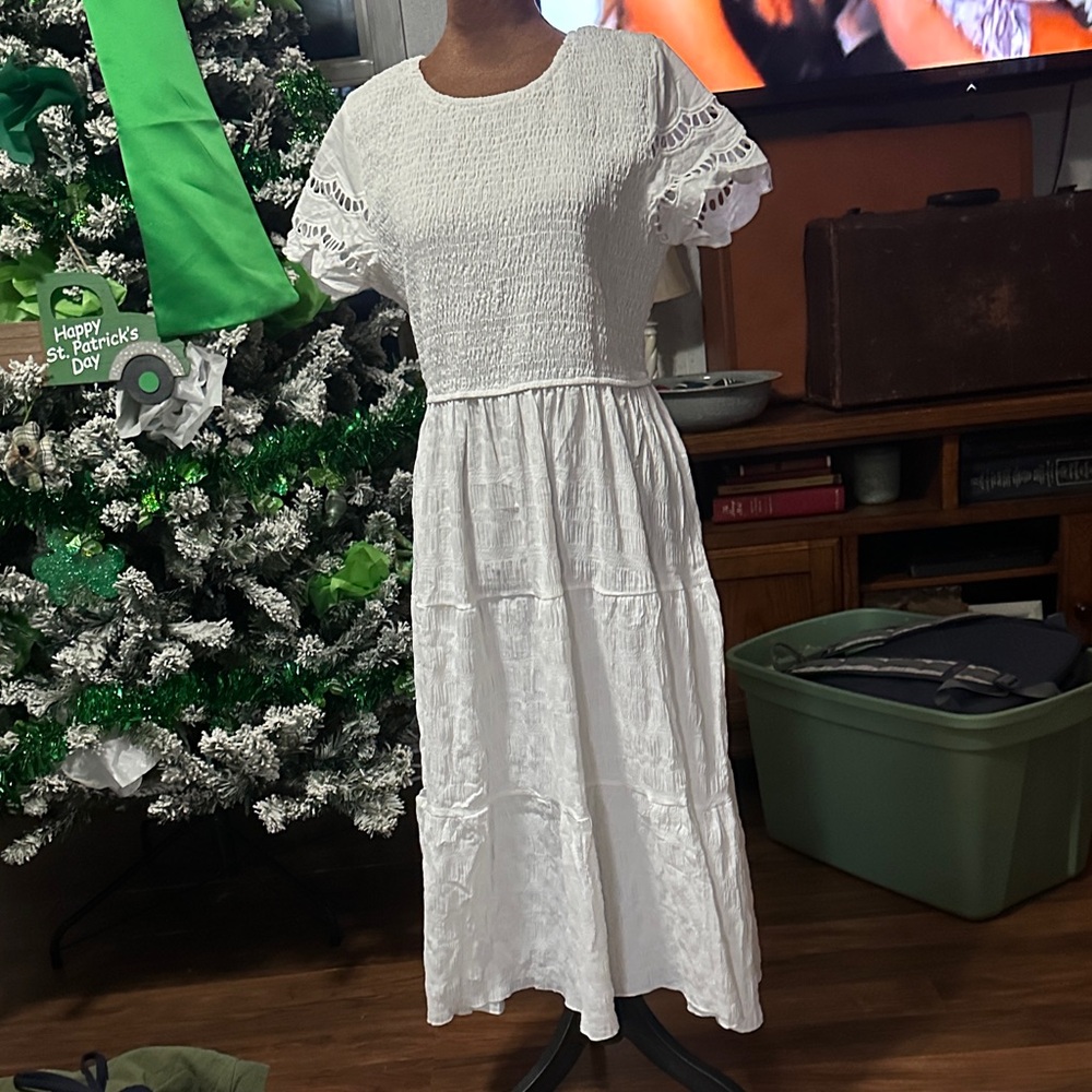 SHEIN White Midi Dress with Lace Sleeves